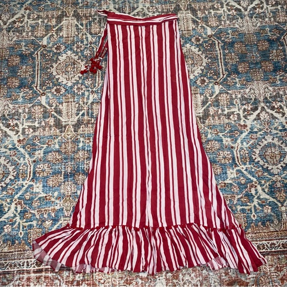 Lovers + Friends | Red/White Stripe Beach Pom Pom Ruffle Maxi Wrap Skirt - Picture 10 of 11